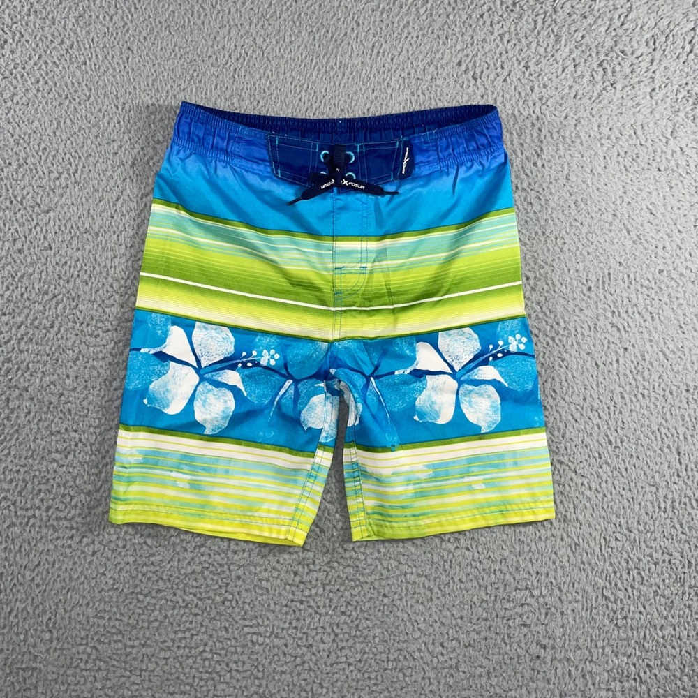 Swim Shorts Boys 7 Floral Stripe Unlined Trunks Vacation Blue Green